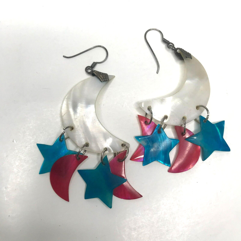 Vintage Shell Moon and Star French Wire Dangle Earrings White Pink Blue